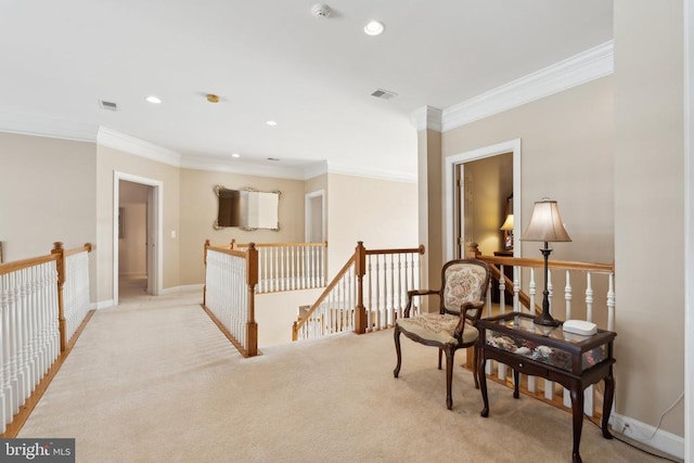 interior space featuring light colored carpet and crown molding