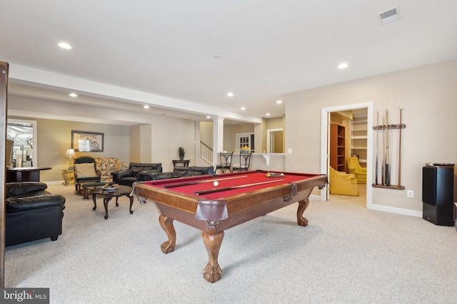 rec room featuring carpet floors, decorative columns, and billiards