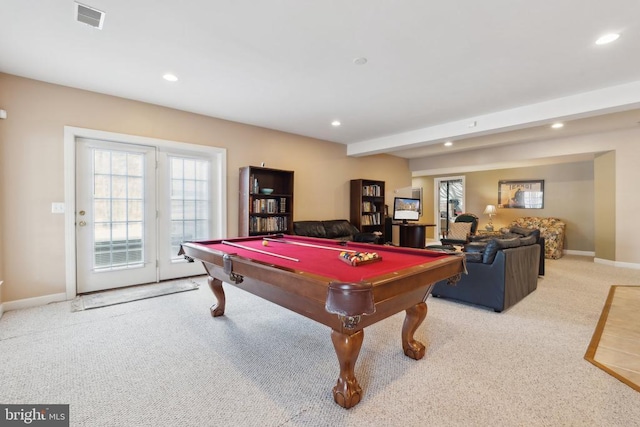 recreation room featuring a wealth of natural light, light carpet, beamed ceiling, and billiards