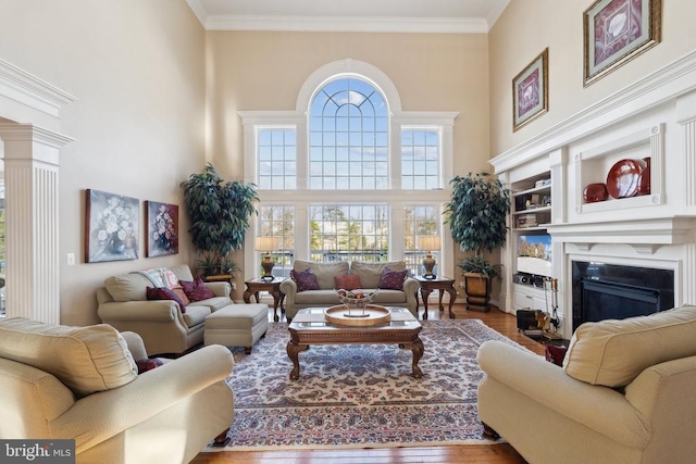 living room with hardwood / wood-style floors, a towering ceiling, and ornamental molding