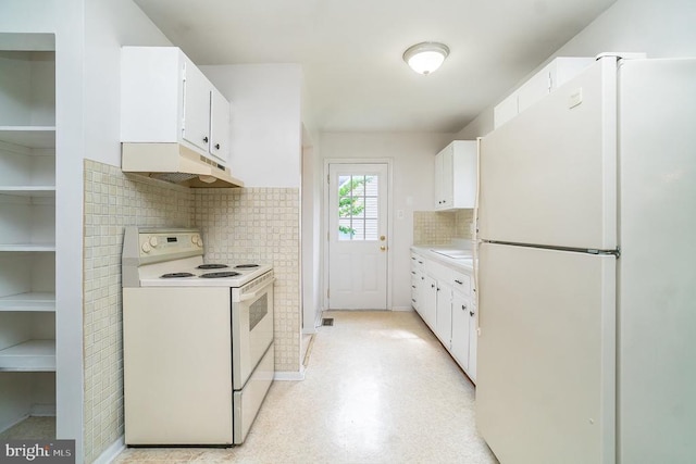 kitchen with white cabinetry, sink, white appliances, and backsplash