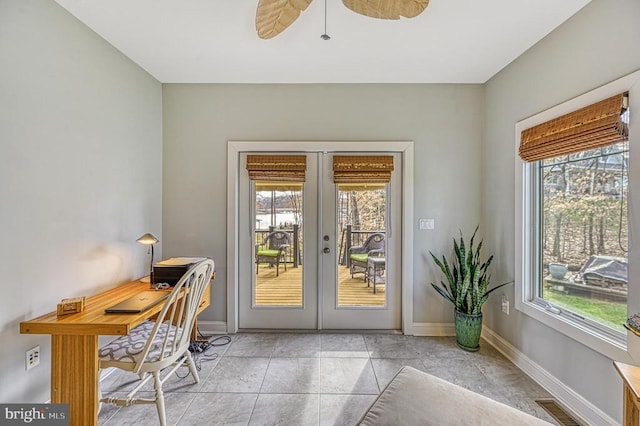 doorway to outside featuring french doors, light tile patterned floors, and ceiling fan