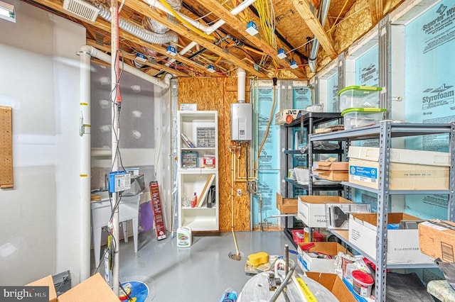 storage area with tankless water heater