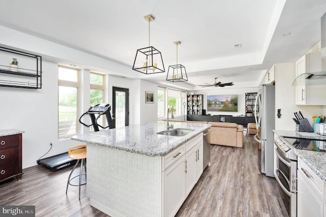 kitchen featuring pendant lighting, white cabinets, sink, ceiling fan, and stainless steel appliances