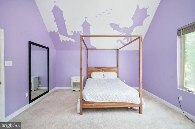 unfurnished bedroom featuring light colored carpet and vaulted ceiling