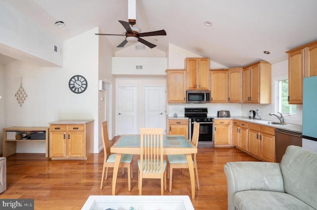 kitchen with decorative backsplash, light brown cabinetry, stainless steel appliances, and sink