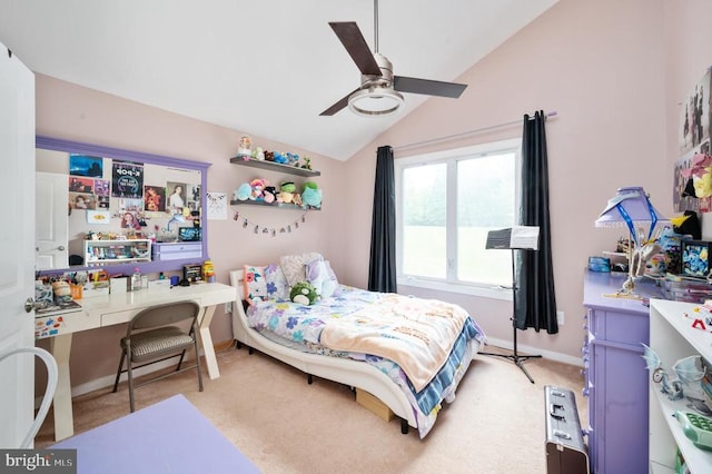 bedroom featuring ceiling fan, light colored carpet, and vaulted ceiling