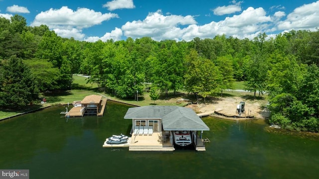 bird's eye view with a water view