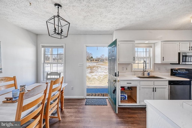 kitchen with sink, hanging light fixtures, stainless steel appliances, dark hardwood / wood-style floors, and white cabinets