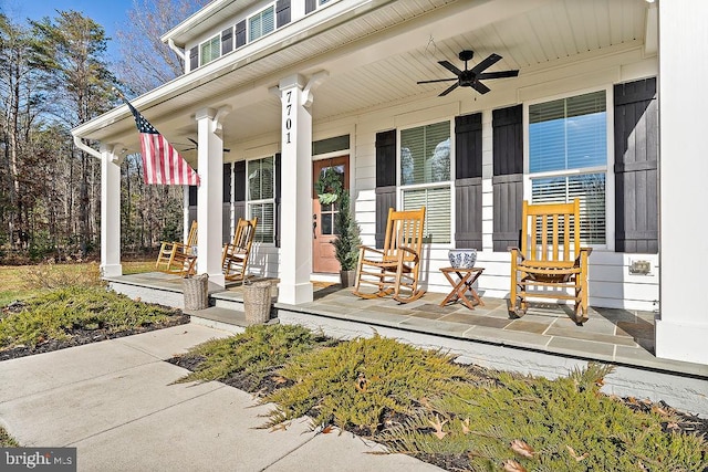 view of patio / terrace featuring ceiling fan and covered porch