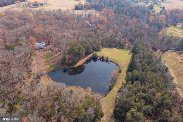 birds eye view of property featuring a water view and a rural view