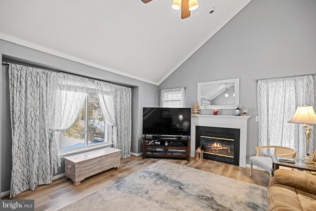 living room featuring ceiling fan, hardwood / wood-style floors, and high vaulted ceiling