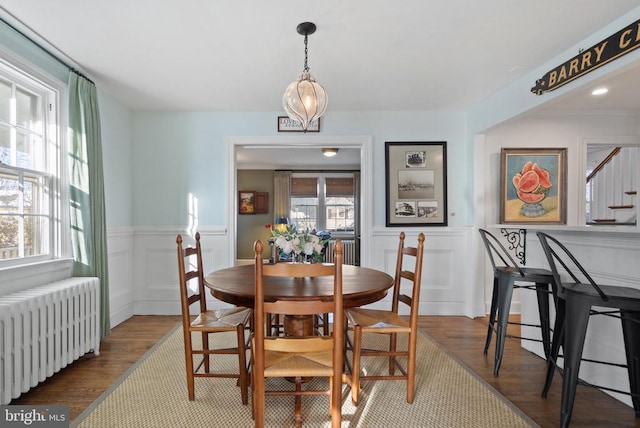 dining room with radiator, a healthy amount of sunlight, and hardwood / wood-style floors