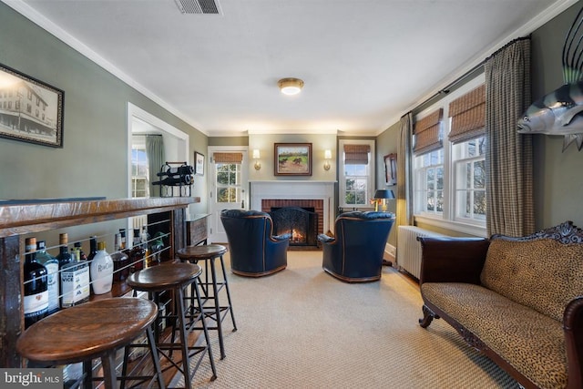 carpeted living room with radiator, ornamental molding, and a fireplace