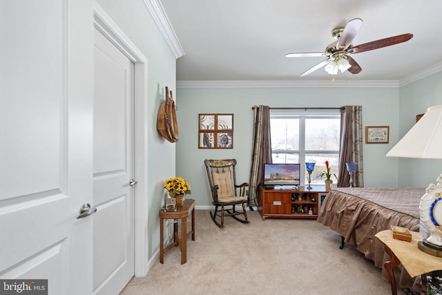 bedroom with light colored carpet, ceiling fan, and ornamental molding