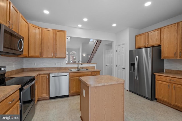 kitchen featuring sink, backsplash, a center island, and stainless steel appliances