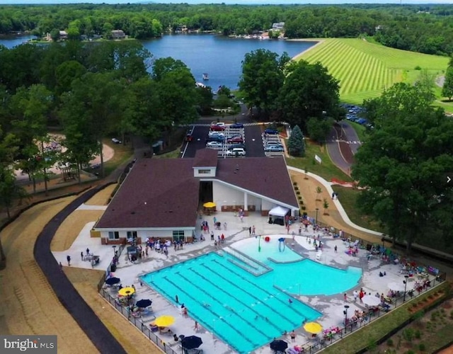 drone / aerial view with a water view