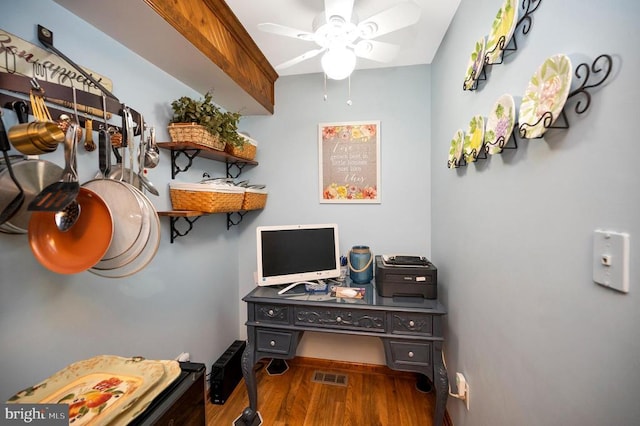 office with ceiling fan and hardwood / wood-style floors