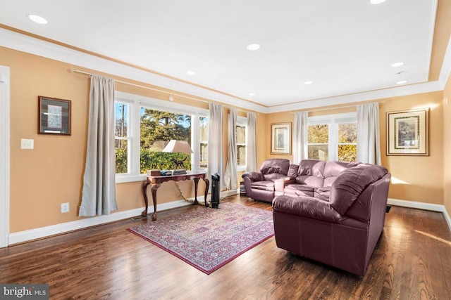 living room featuring dark hardwood / wood-style flooring and crown molding