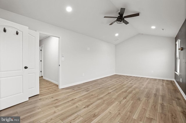 interior space featuring lofted ceiling, light hardwood / wood-style flooring, and ceiling fan