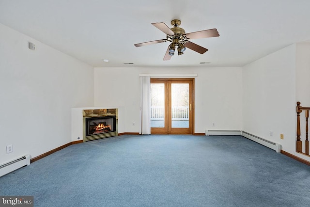 unfurnished living room with ceiling fan, baseboard heating, and carpet floors