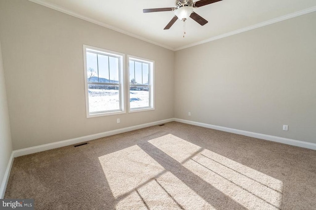 carpeted empty room with ceiling fan and crown molding