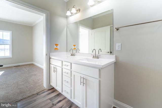 bathroom with crown molding, wood-type flooring, and vanity