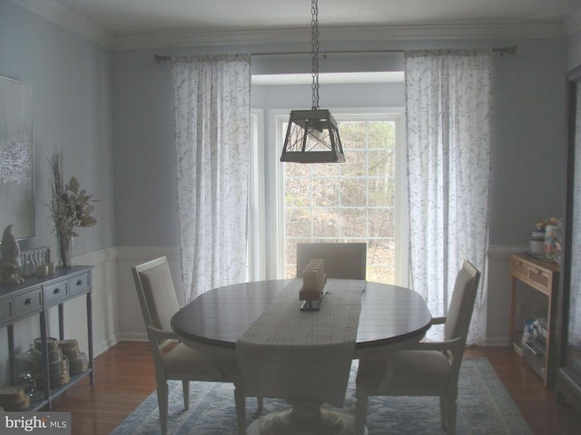 dining area with crown molding and dark hardwood / wood-style flooring