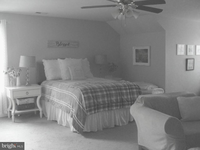 bedroom with ceiling fan and carpet