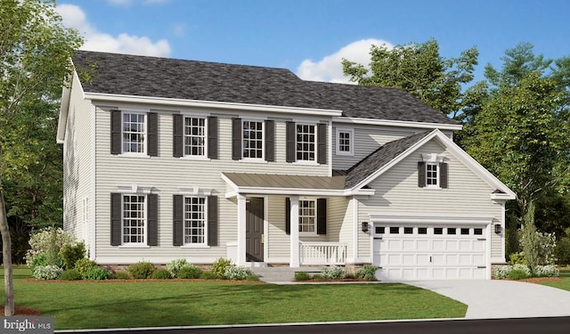 view of front of home featuring a garage, covered porch, and a front yard