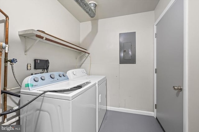 laundry area with electric panel and washer and clothes dryer