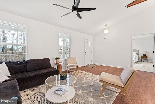 living room with hardwood / wood-style flooring, lofted ceiling, a healthy amount of sunlight, and ceiling fan