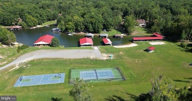 drone / aerial view with a water view and a view of trees