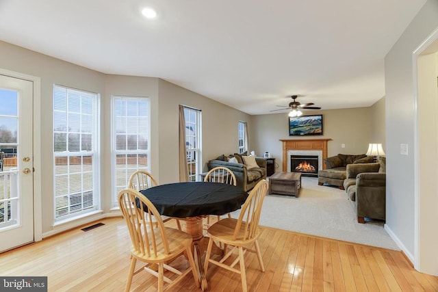 dining room with visible vents, baseboards, light wood-style flooring, ceiling fan, and a lit fireplace