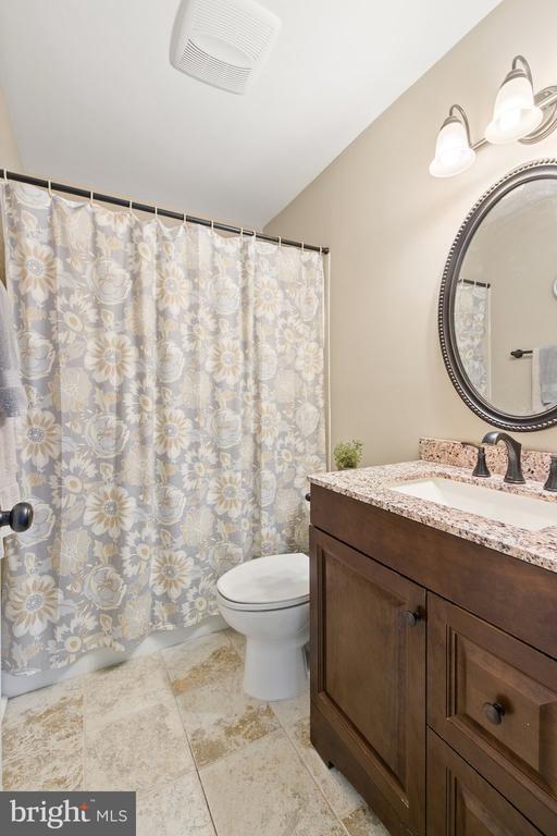 full bathroom featuring vanity, toilet, a shower with curtain, and visible vents