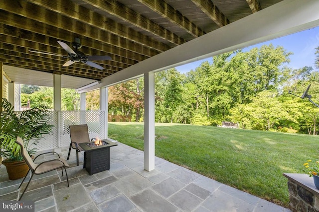 view of patio with an outdoor fire pit and a ceiling fan