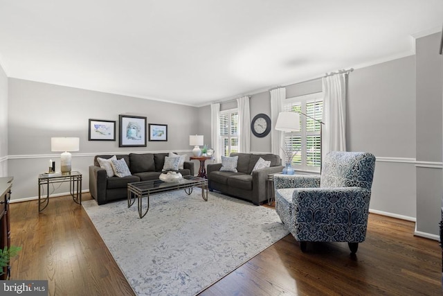 living area with ornamental molding, baseboards, and wood finished floors