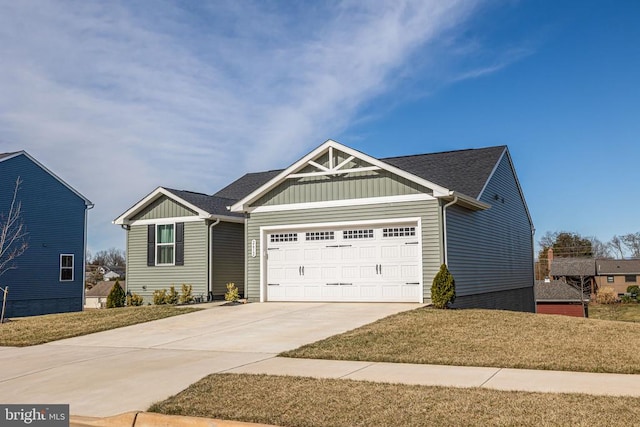 view of front of house with a garage, roof with shingles, board and batten siding, and concrete driveway