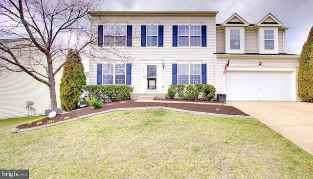 colonial-style house featuring a garage, concrete driveway, and a front yard