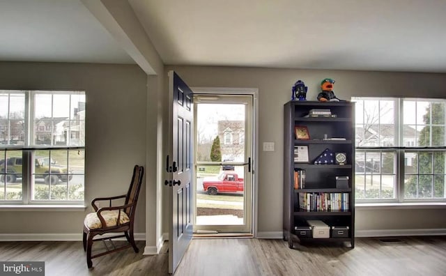 foyer entrance featuring a wealth of natural light, baseboards, and wood finished floors