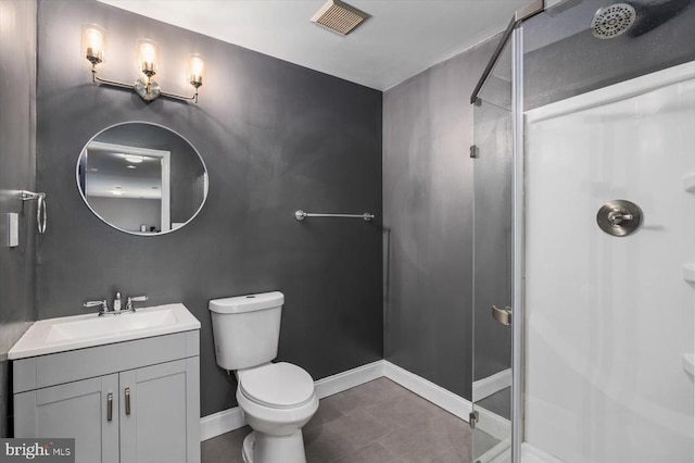 bathroom featuring vanity, baseboards, visible vents, a shower stall, and toilet