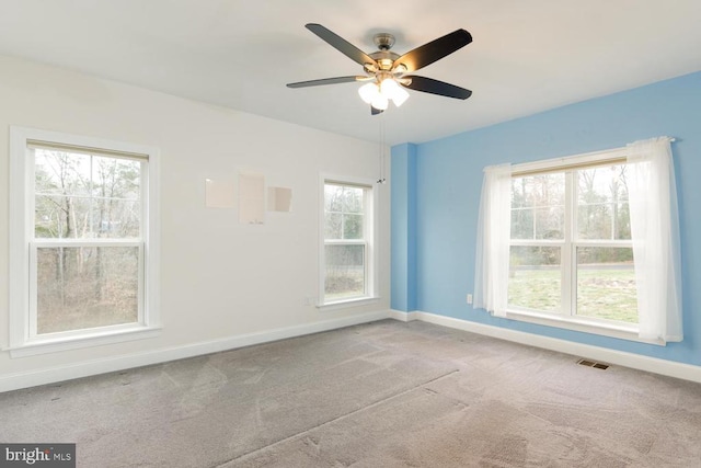 empty room with carpet, visible vents, a wealth of natural light, and baseboards