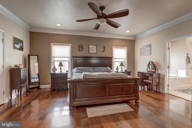 bedroom with baseboards, ornamental molding, recessed lighting, ensuite bathroom, and dark wood-style flooring