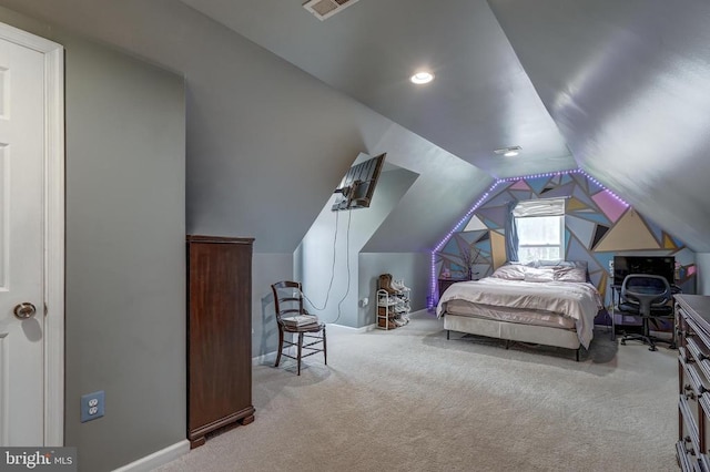 bedroom featuring visible vents, baseboards, carpet, vaulted ceiling, and recessed lighting