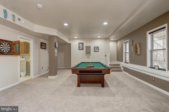 recreation room featuring visible vents, baseboards, light colored carpet, recessed lighting, and billiards