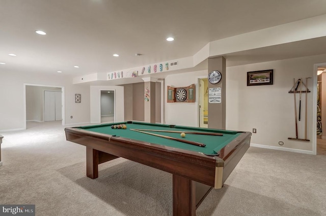 recreation room with billiards, recessed lighting, baseboards, and light carpet