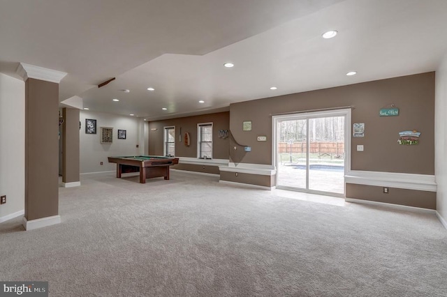 playroom featuring pool table, recessed lighting, light colored carpet, and baseboards