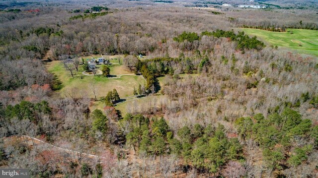 aerial view featuring a wooded view