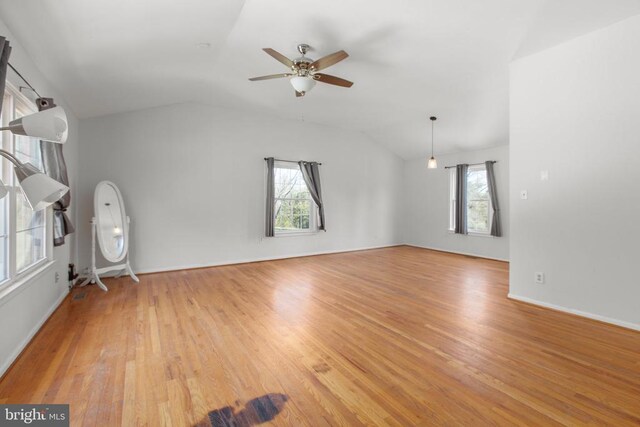 spare room featuring a healthy amount of sunlight, vaulted ceiling, and light wood finished floors