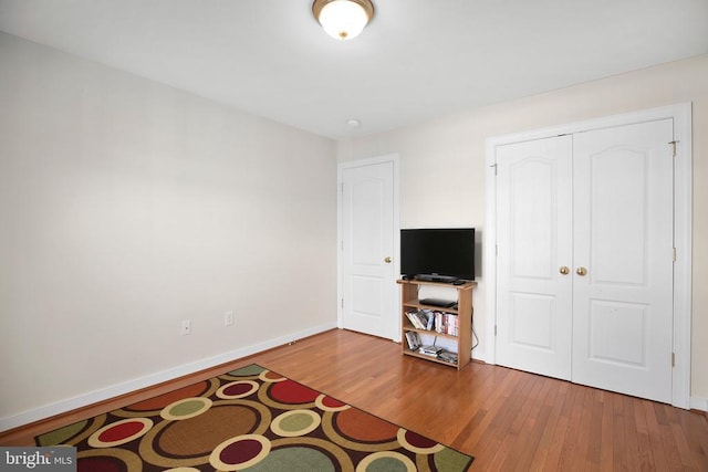 interior space with baseboards, wood finished floors, and a closet